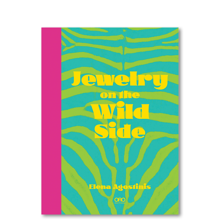 Book cover titled "Jewelry on the Wild Side" by Elena Agostinis with a vibrant blue and green zebra stripe pattern and a pink spine.