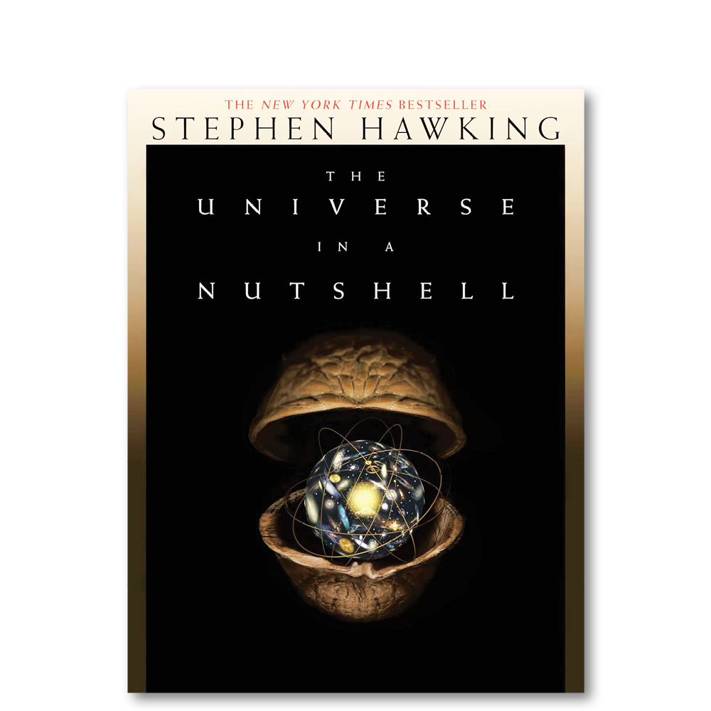 Book cover of 'The Universe in a Nutshell' by Stephen Hawking, showing an open nut shell with a depiction of a galaxy and atomic structures inside.