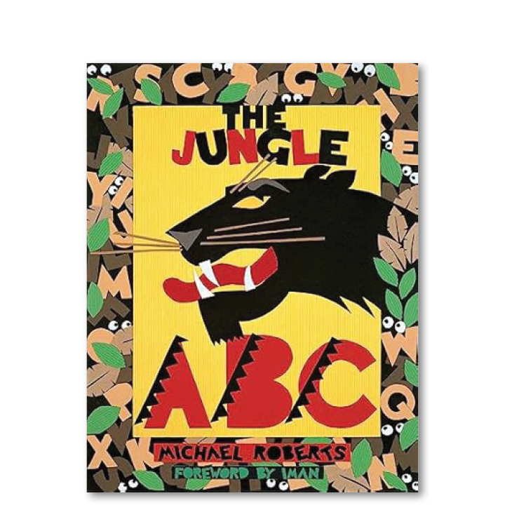 Book cover titled "The Jungle ABC" by Michael Roberts with a jungle theme, featuring a black panther and green leaves, and small jungle animals with eyes around the border.