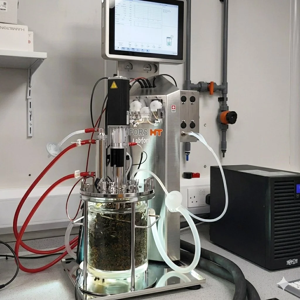 Solid-state fermenter used for seaweed fermentation and microbial bioprocessing applications in a laboratory setting.