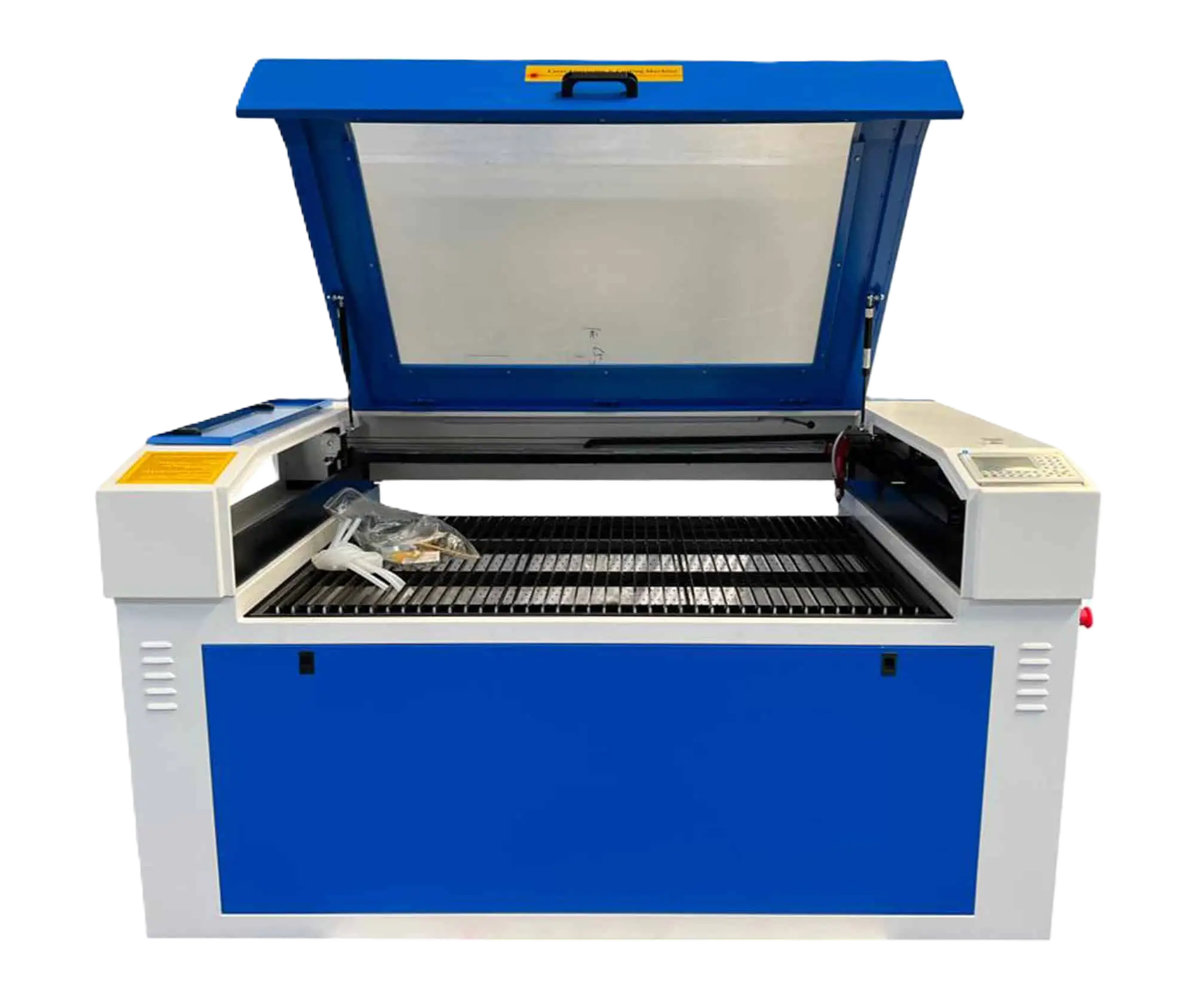 Cortadora láser de escritorio color blancoo y azul con tapa levantada
