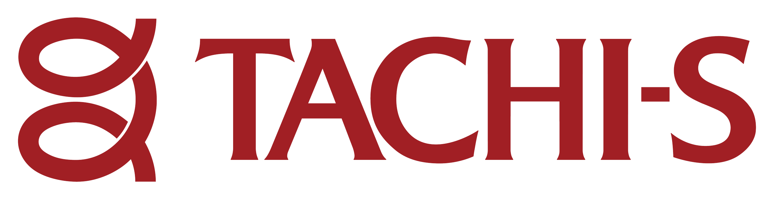 Logotipo de TACHIS en color burdeos con un diseño de espiral a la izquierda y tipografía en mayúsculas