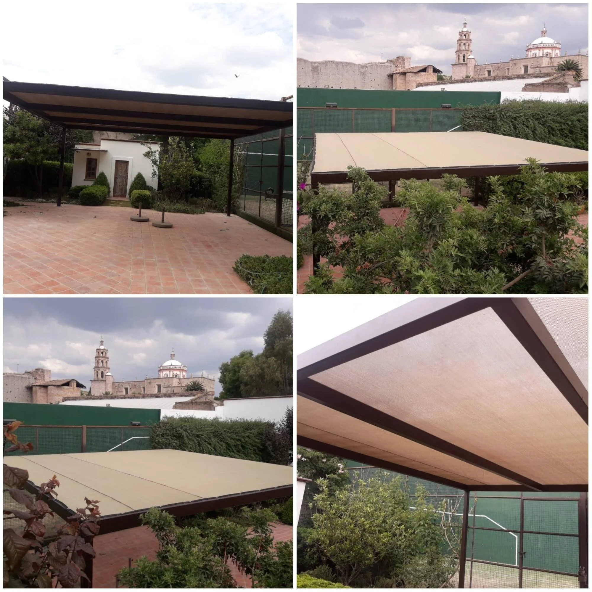 Colección de cuatro fotos del patio de una casa con toldo de lona beige, árboles, plantas y una vista de una ciudad antigua con iglesias y muros antiguos.