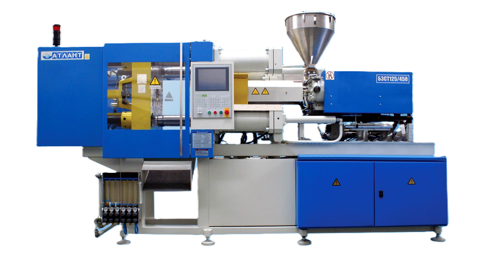 Máquina de inyección de plástico de color azul con pantalla y control en el centro, depósito de material en la parte superior derecha, y varios componentes metálicos.