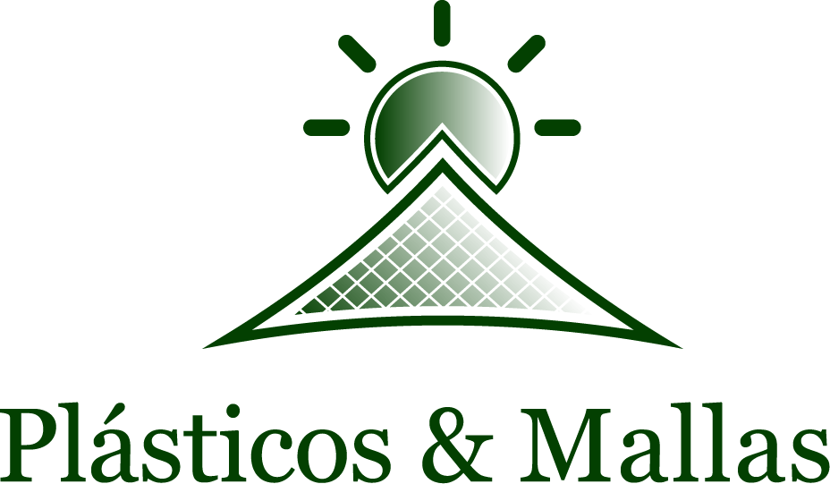 Logotipo de una marca que vende plásticos y mallas, con un diseño de sol y una malla en el centro, en tonos verdes y fondo claro.