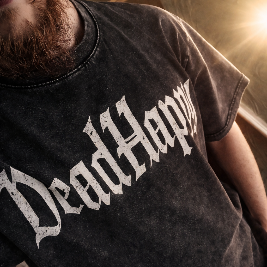 Close-up Of A Person Wearing A Black T-shirt With The Word 'DEAD HAPPY' Printed In Large, White, Distressed Gothic Font.