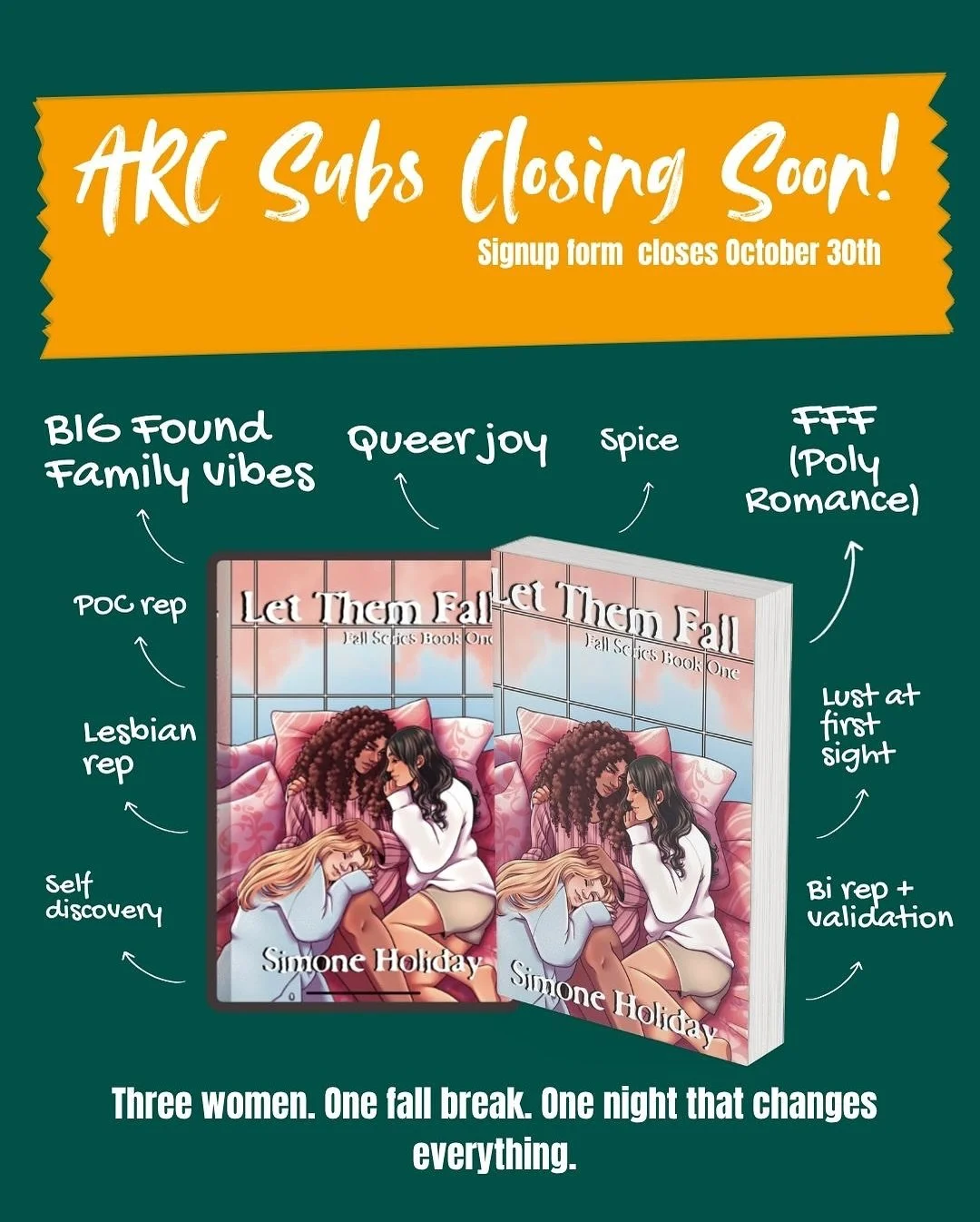 LAST CALL! If you have been thinking about signing up to be an ARC reader/reviewer for LET THEM FALL, you have until Oct. 30th. 
.
.
.
.
.
#sapphicromance #sapphicreads #sapphicbooks #wlw #firstbook #newwriter #indieauthorsofinstagram #indieauthor #b