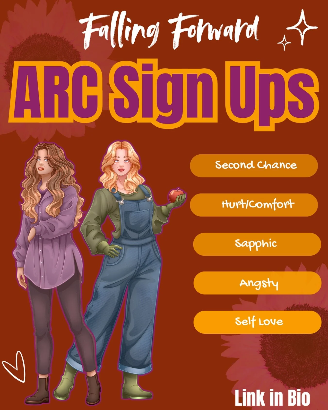 ARC signups are open! Can&rsquo;t wait to share these two ladies with you! 💕 Falling Forward drops 6.15.26 💕
.
.
Character art: @honey_pot_arts 
.
#sapphicromance #sapphicromancebooks #wlwbooks #queerromancebooks #diversereads