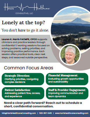 A healthcare consulting flyer featuring the Harris Healthcare Consulting, LLC logo at the top with a mountain landscape in the background. The flyer highlights services for clinical leaders, focusing on strategic direction, financial management, patient satisfaction, and staff engagement, with a friendly portrait of Lauren K. Harris.
