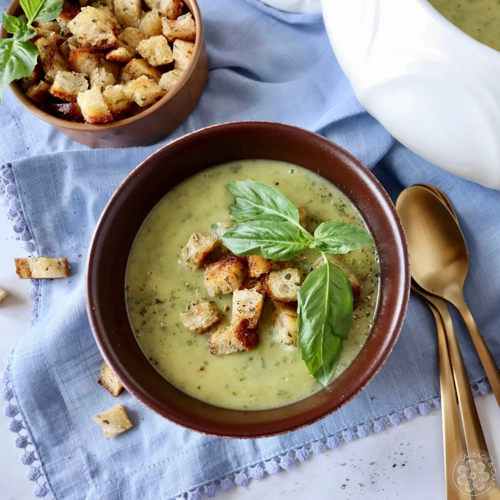 POTATO &amp; BASIL SOUP WITH SOURDOUGH CROUTONS RECIPE