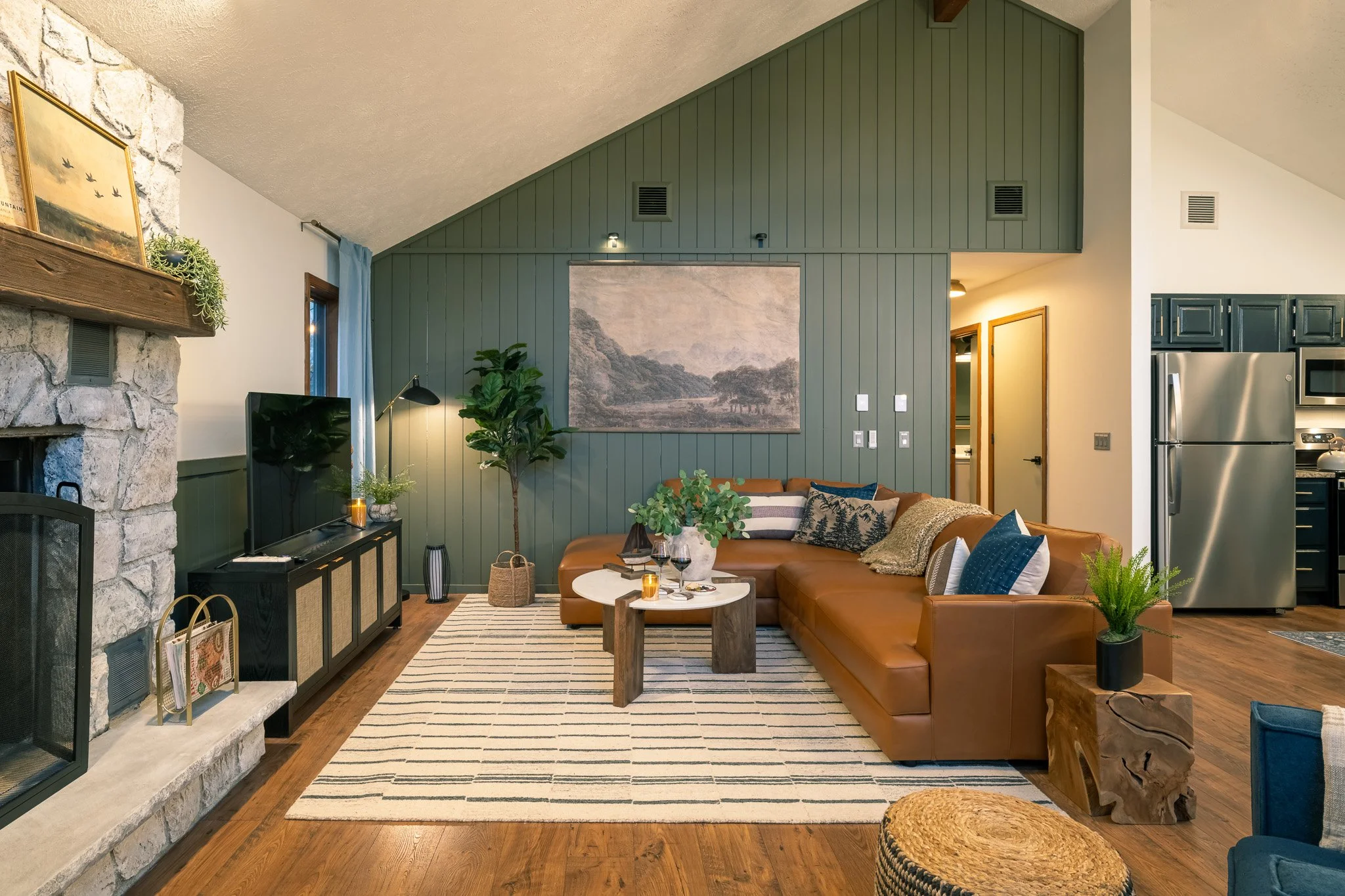 Cozy living room at the lodge with sofa warm decor and relaxing ambiance