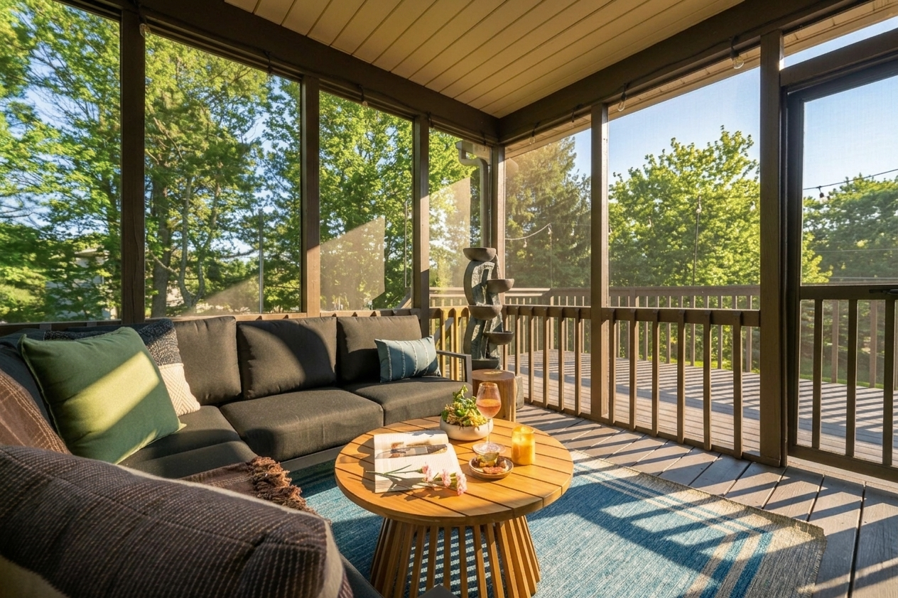 Bright sun room at the lodge with large windows natural light and cozy seating
