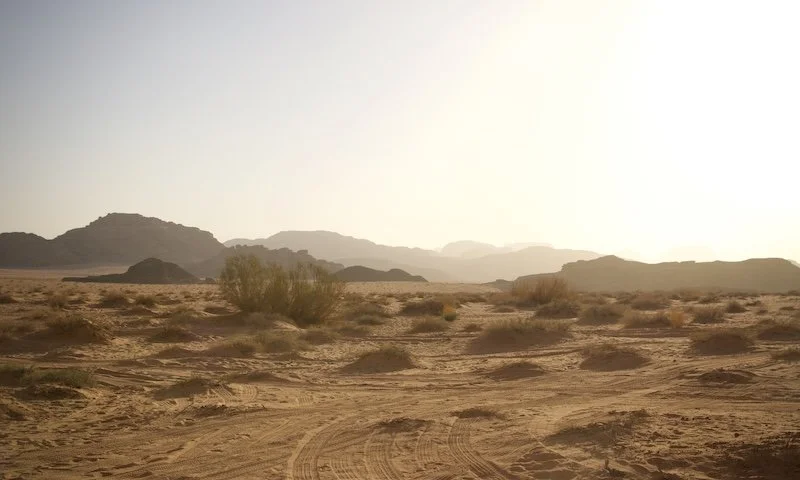Paysage désertique avec des collines, peu de végétation, horizons distant et ciel clair.