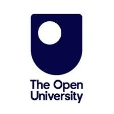 Logo de The Open University con un escudo azul y una luna creciente blanca