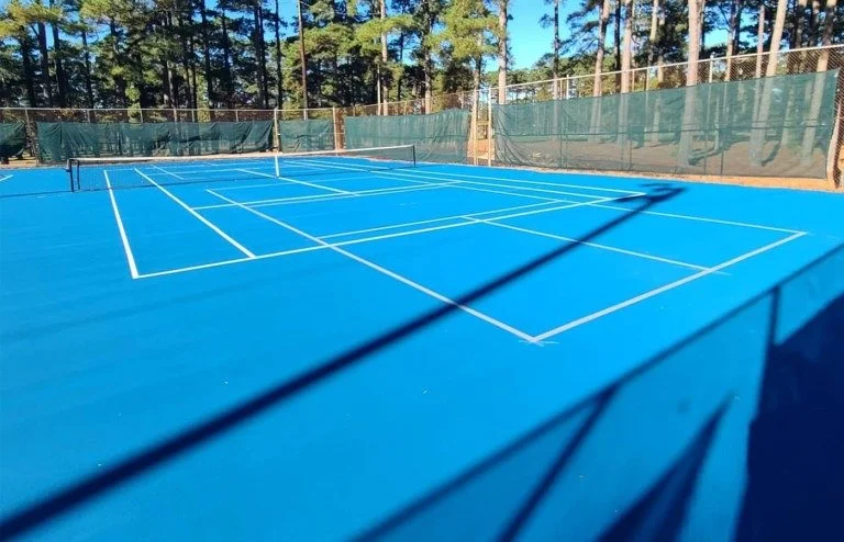 Empty blue tennis court with green windscreen and trees in the background during daytime.