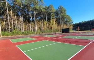 Multiple tennis courts with green and red surfaces, surrounded by trees under a blue sky.