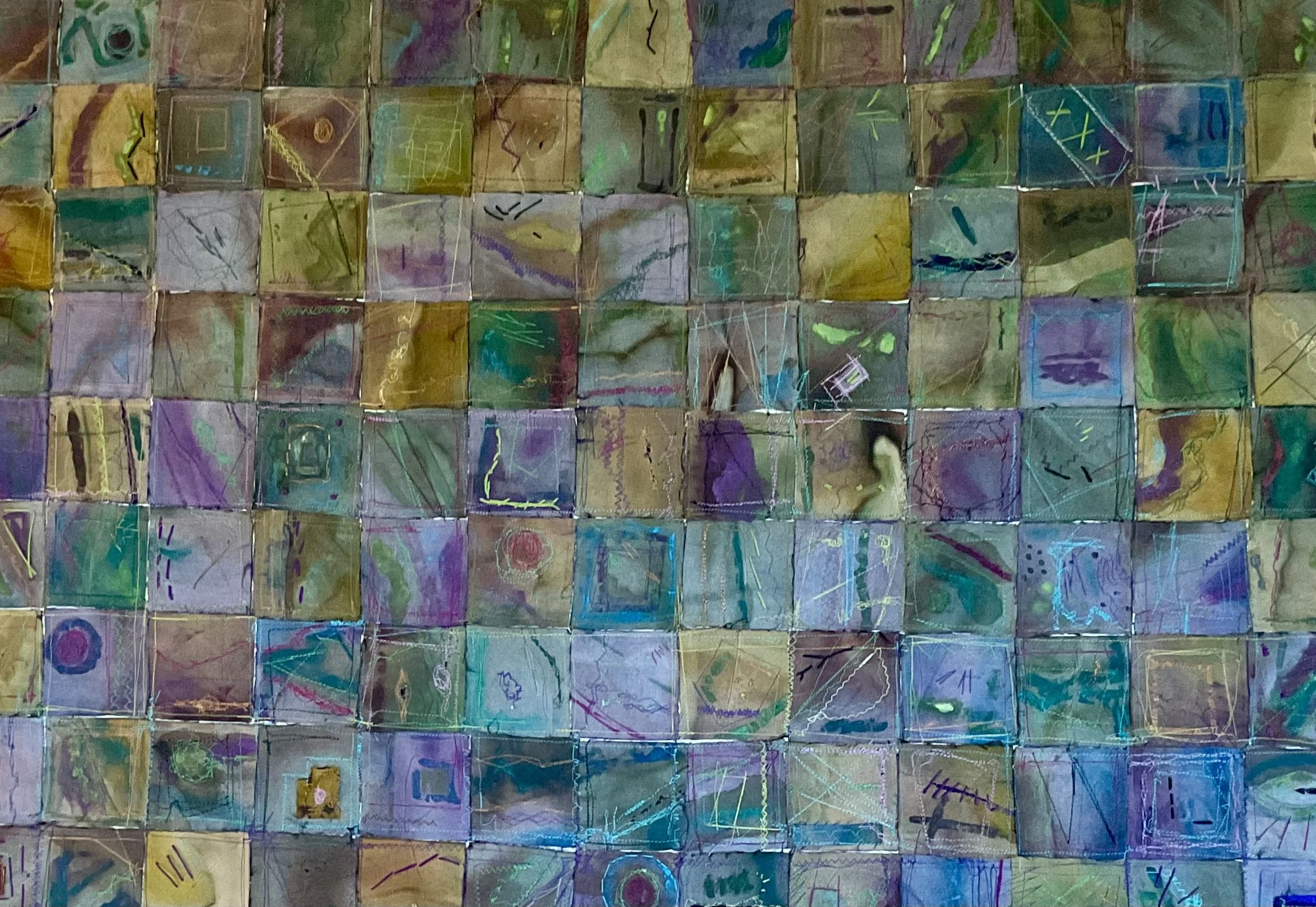  "Many Minis"  
 Fiber  
Hand-painted and dyed pieces of silk gauze with machine and hand stitching