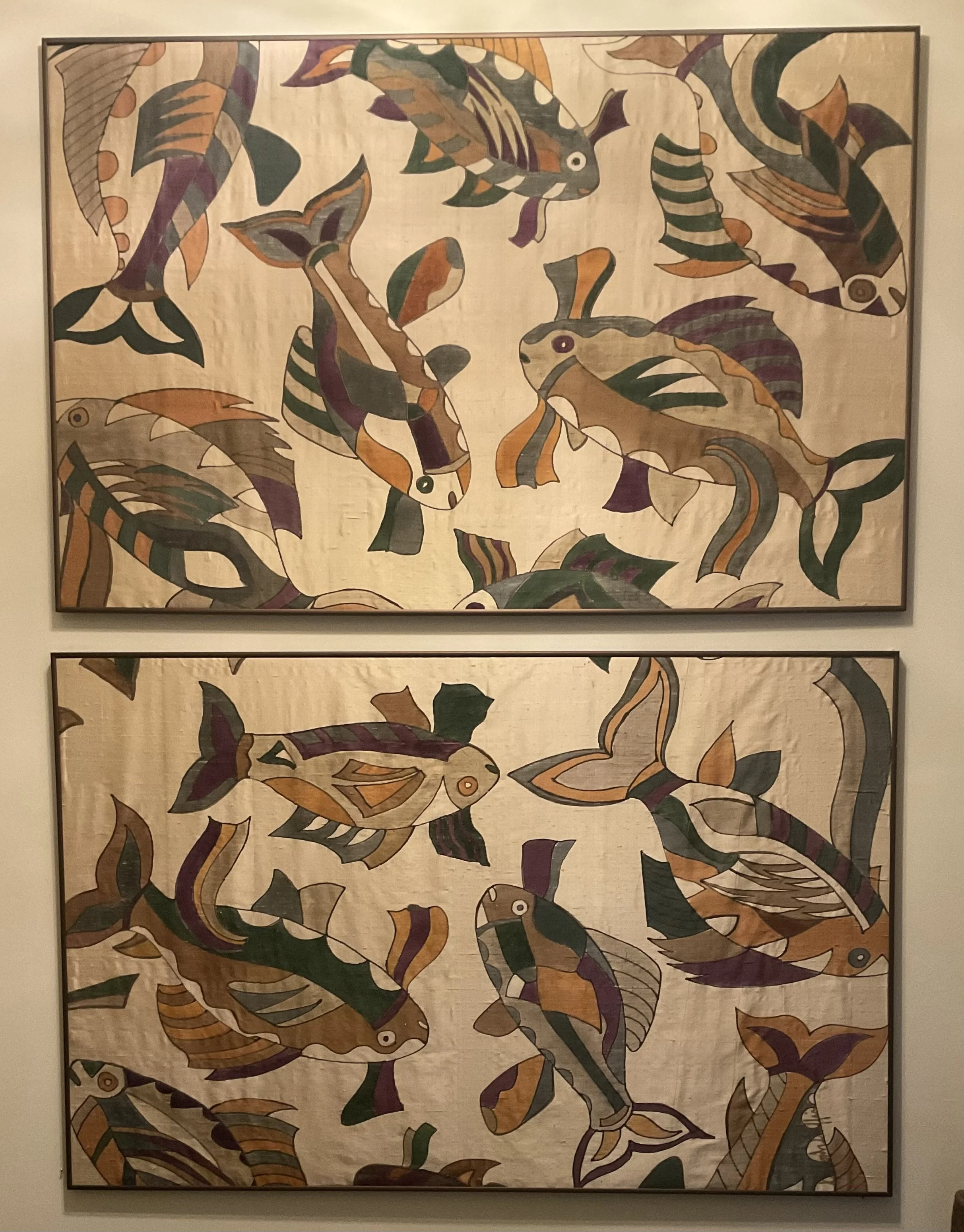  "Go Fish"  
 Fiber  
Dyptich. Dyes and gutta resist on dupion silk