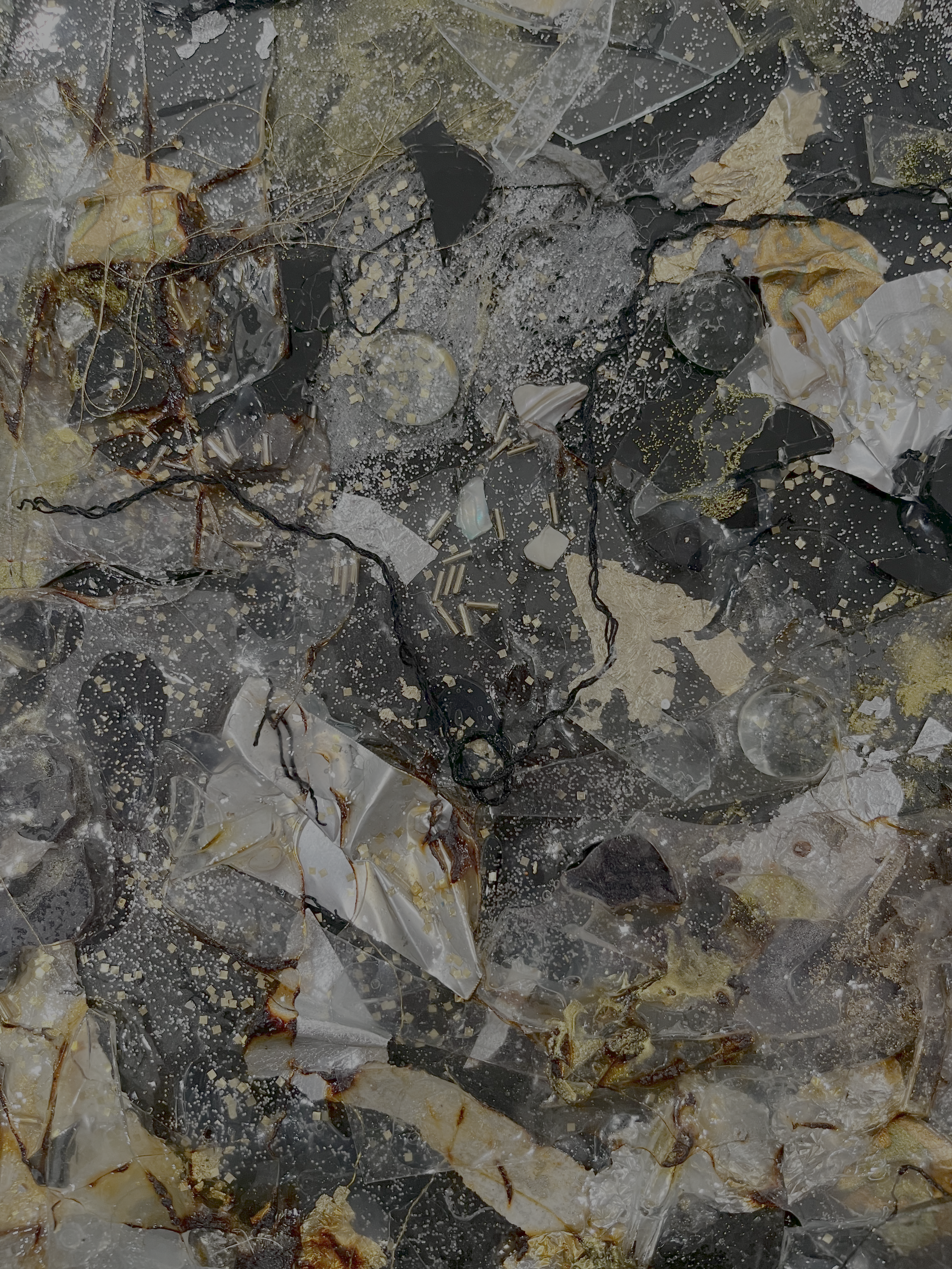  "Boca Raton"  
 Assemblage  
Glass, gold and silver leafing, glitzy stuff, melted plastic