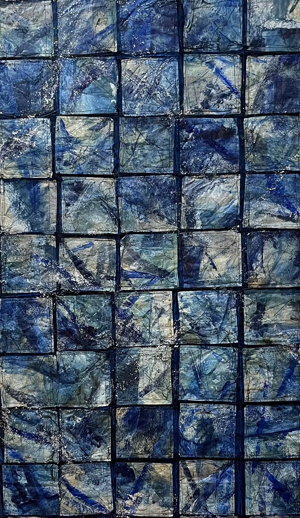  "Cobalt Squared"  
 Fiber  
Dupion silk on silk, dyed and painted and machine stitched