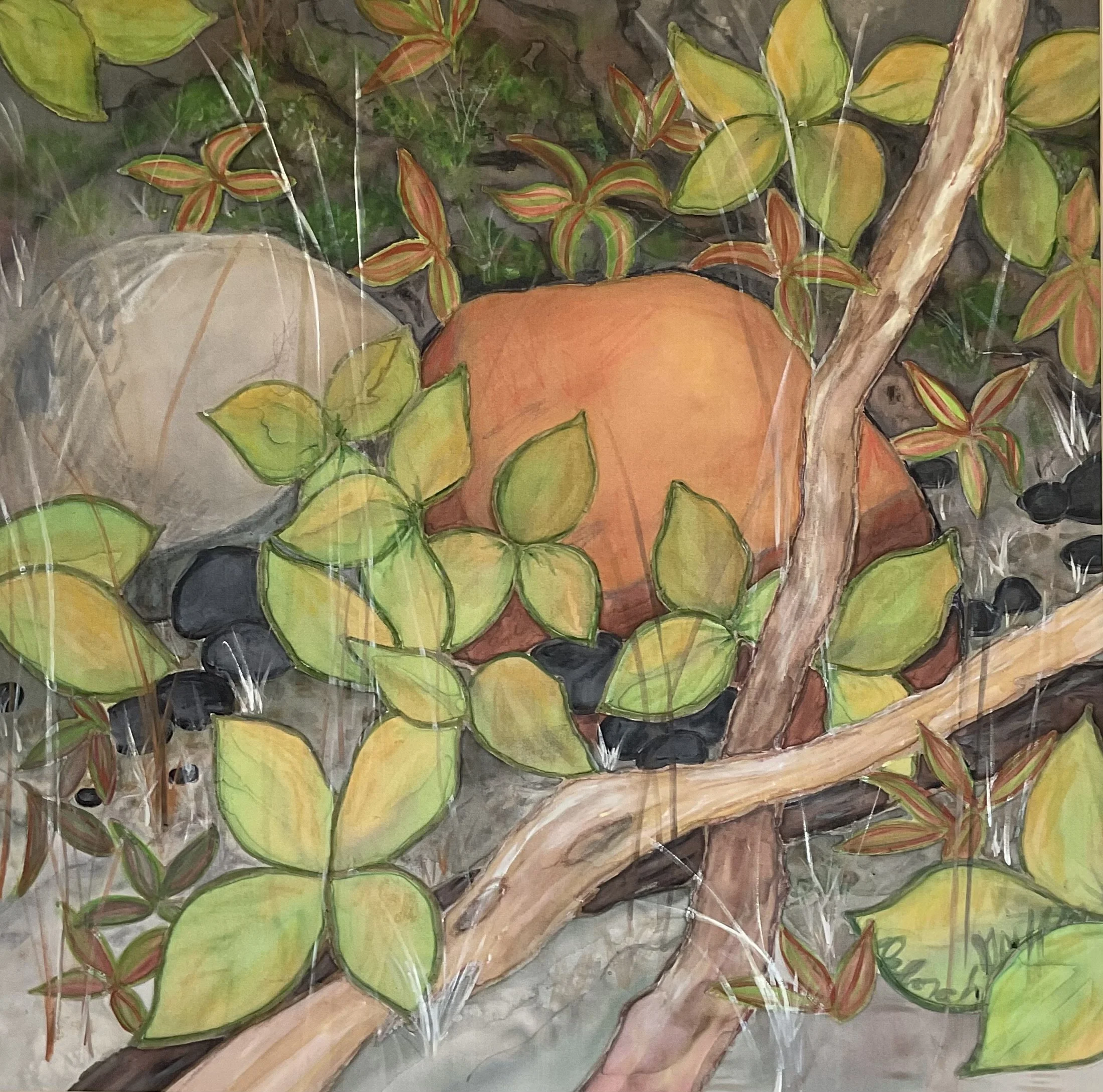  "Here Kitty"  
 Fiber  
Dyes, paint, and crayon on silk