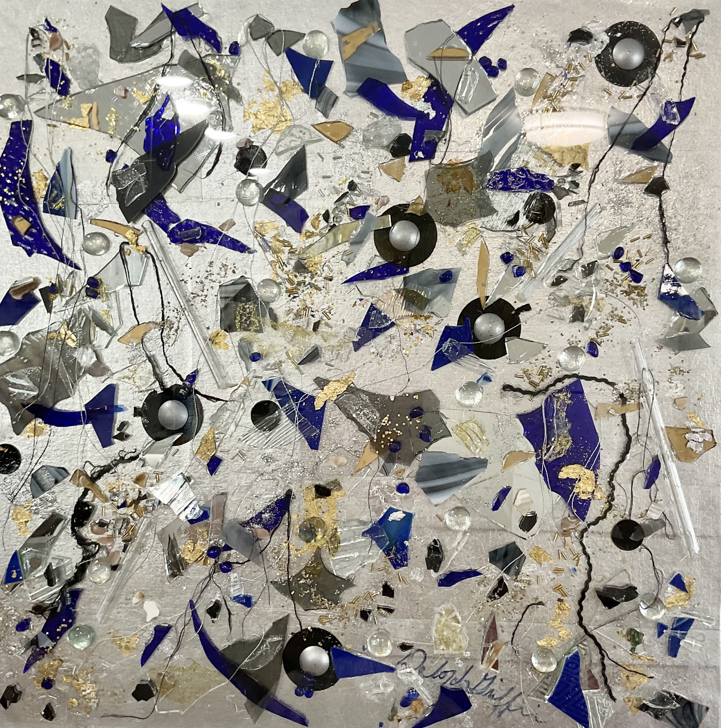  "Nuts and Bolts"  
 Assemblage  
Silver-leaf, broken glass, metal, etc. in plexiglass box