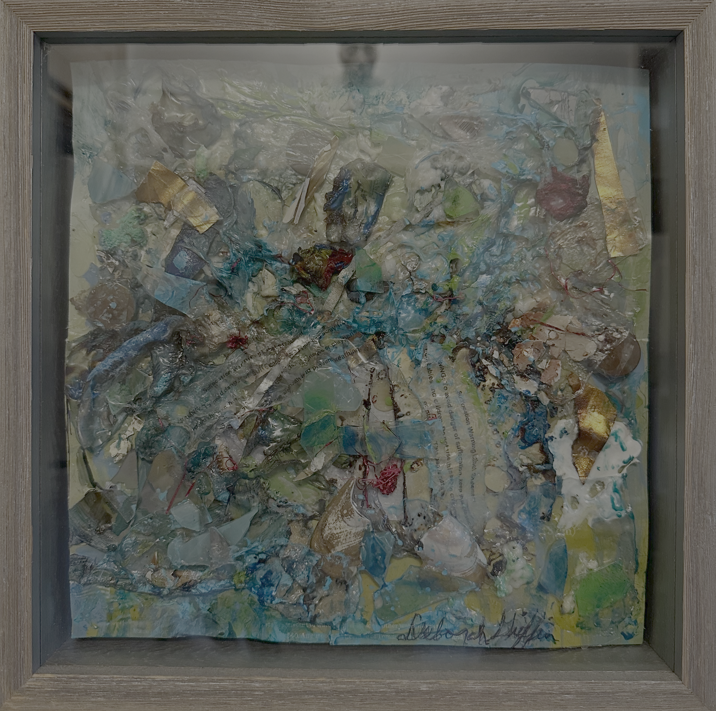  "Pacific Beach"  
 Assemblage  
Beach trash, paint and melted plastic