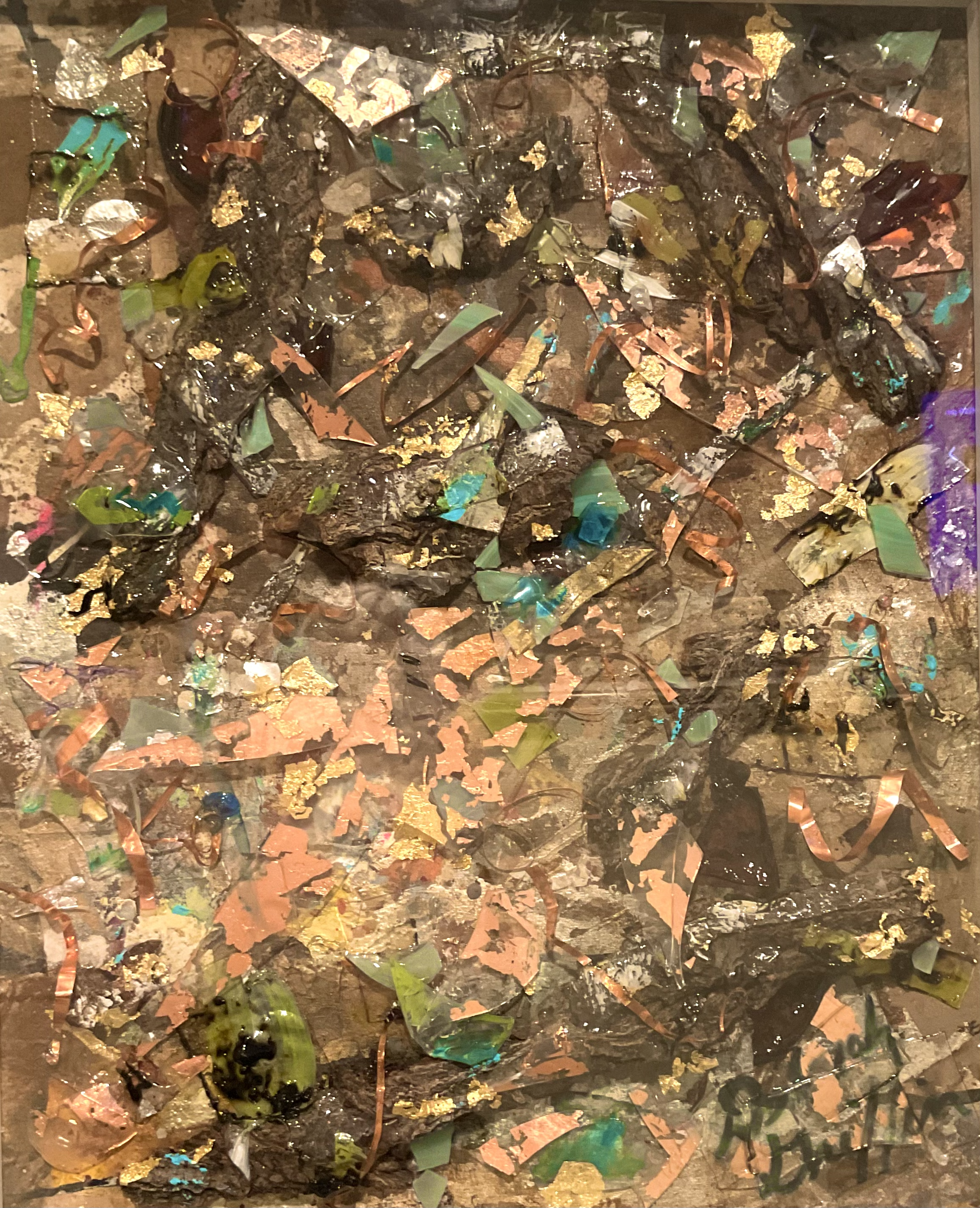  "Northwester Trash"  
 Assemblage  
Wood, glass, paint, copper-leafing, plastic, and trash