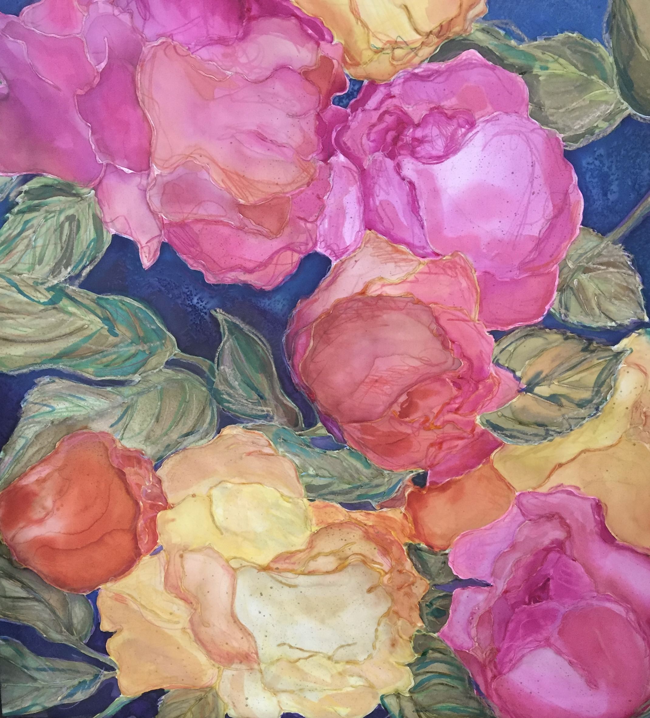  "Rosey Posey"  
 Fiber  
Dyes, paint, and crayon on silk