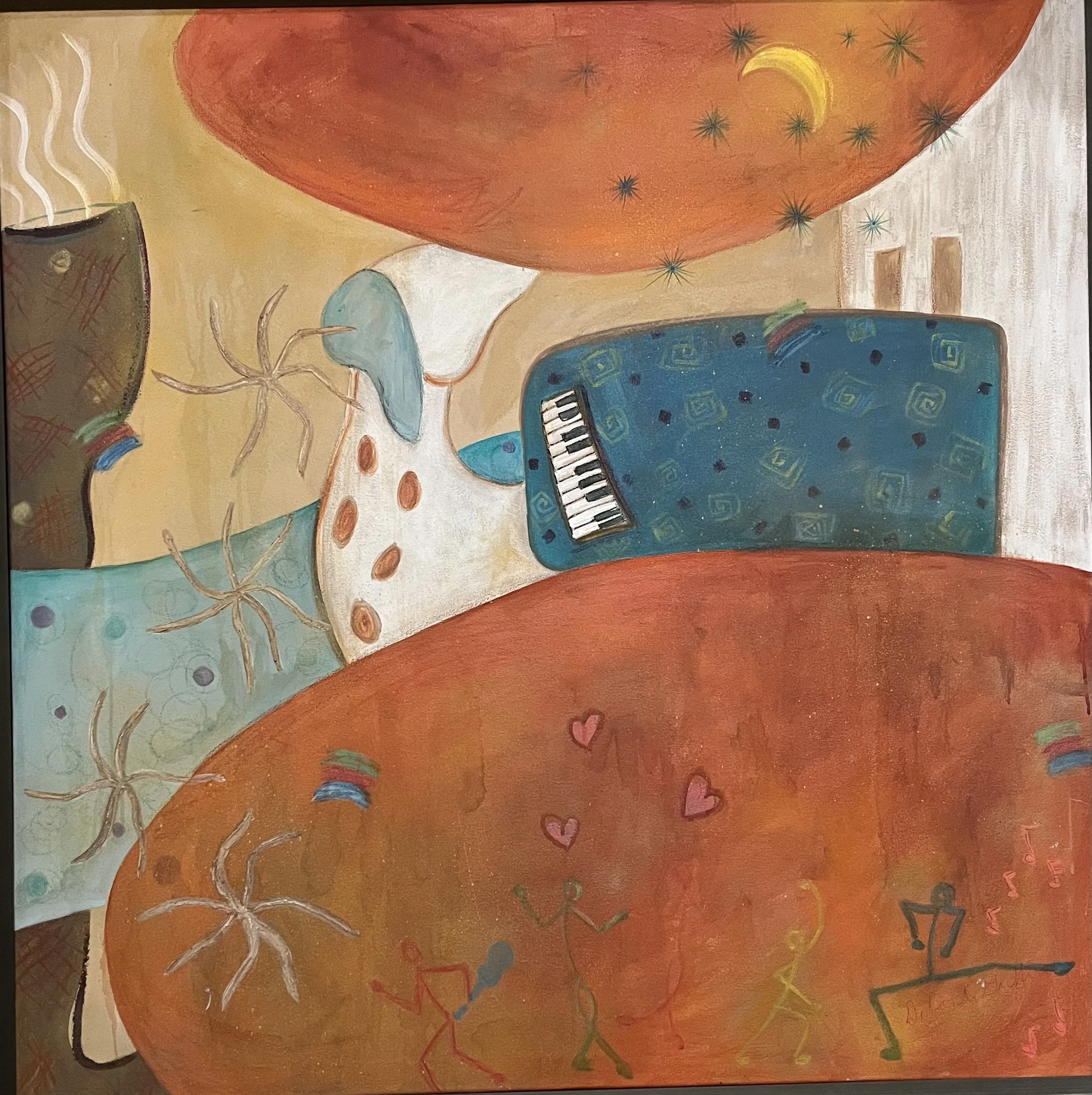  "Dog Playing the Piano and People Dancing Under the Moon"  
 Paintings  
Acrylics, pens, and crayon