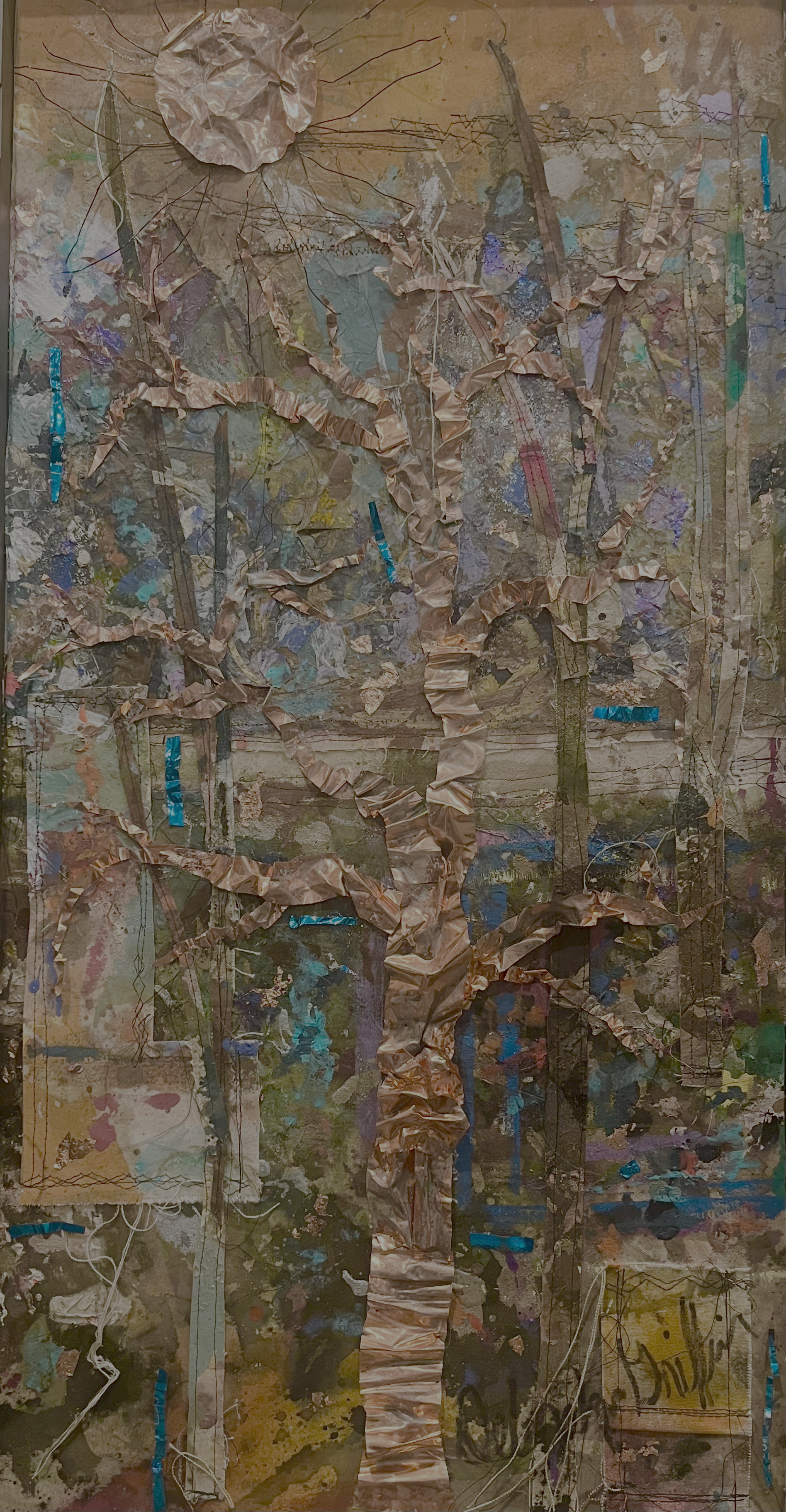  "California Dropcloth"  
 Assemblage  
Painted canvas pieces, machine stitching, copper and wire