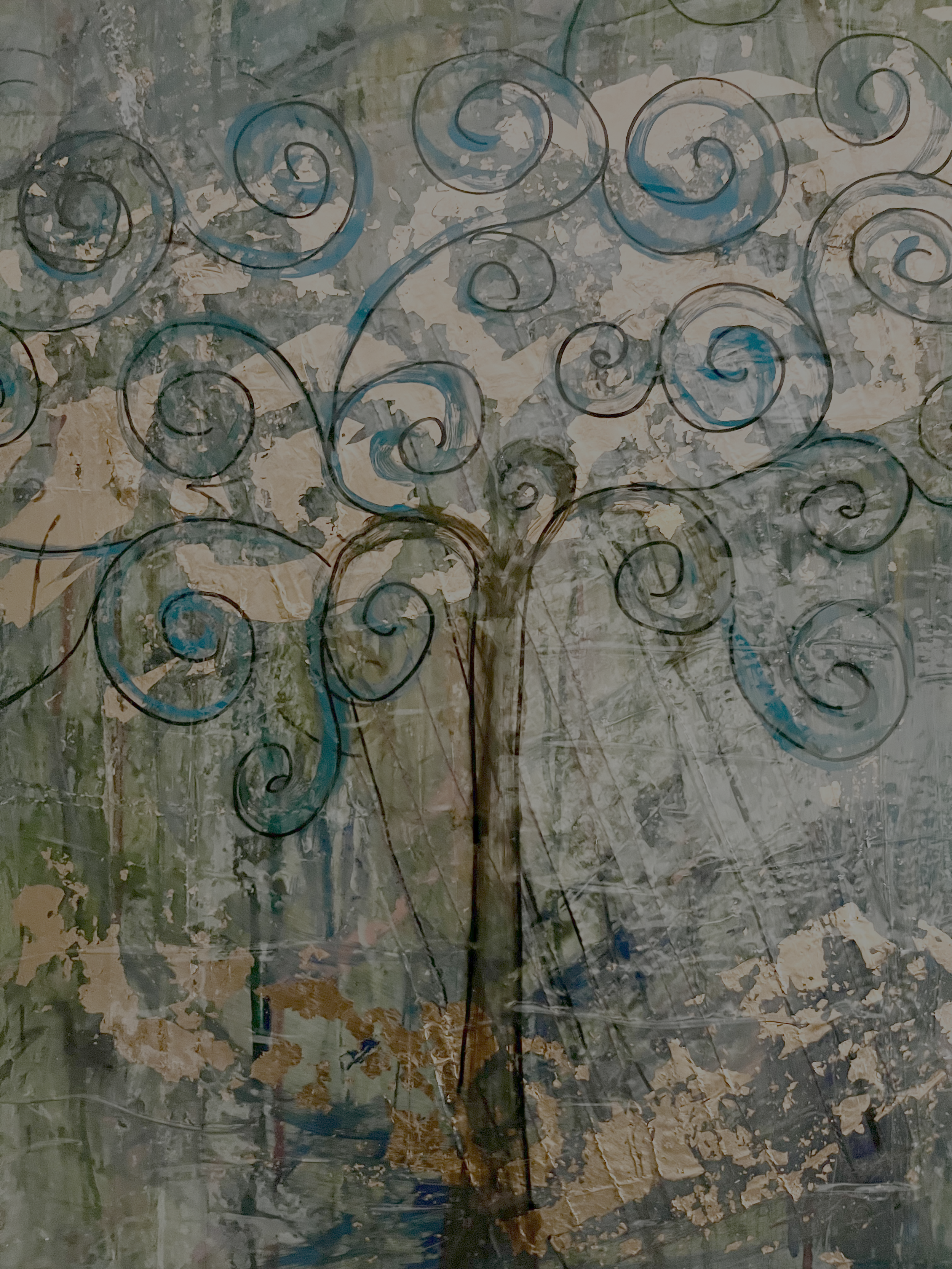  "Ron's Dream Tree"  
 Assemblage  
Copper-leaf, machine stitching, melted plastic, paint