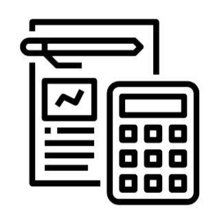 Line art illustration of a calculator, a dollar bill, and an arrow pointing to the right.