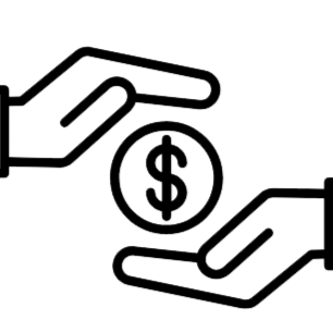 Outline of two hands exchanging a coin with a dollar sign between them, symbolizing financial transaction or money exchange.