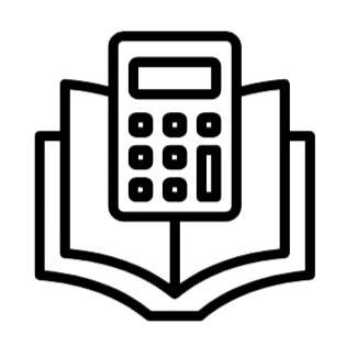 Line drawing of a calculator on an open book or notebook.