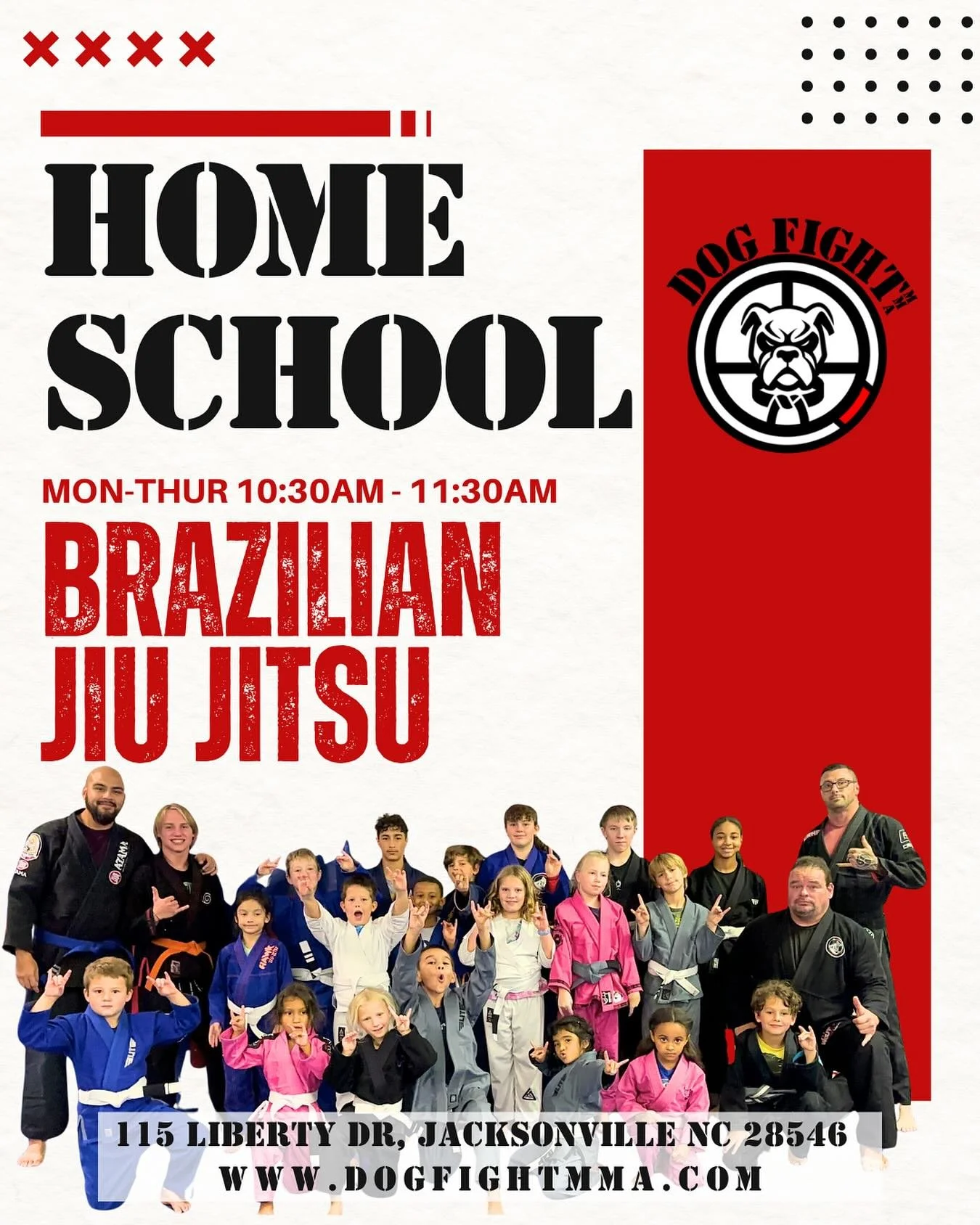 Are you looking for a way for your homeschooled child to build confidence, learn valuable self-defense skills, and make new friends? DOG FIGHT MMA’s morning Brazilian Jiu Jitsu classes offer a unique solution, providing expert instruction in a