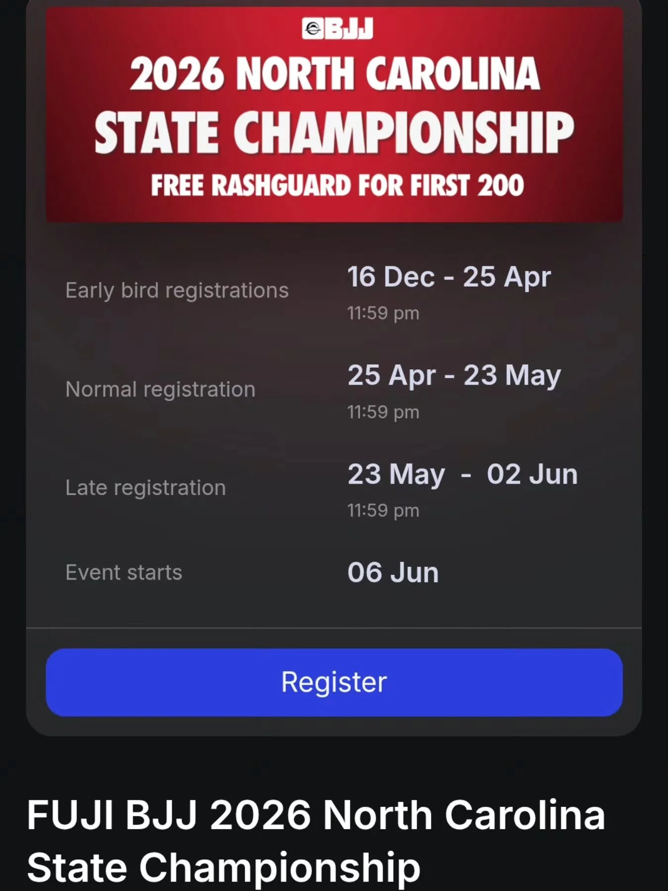 Don't forget early bird registration ends this Saturday, April 25th for @fujibjj Jacksonville, NC June 6th competition! See you all there 🤙