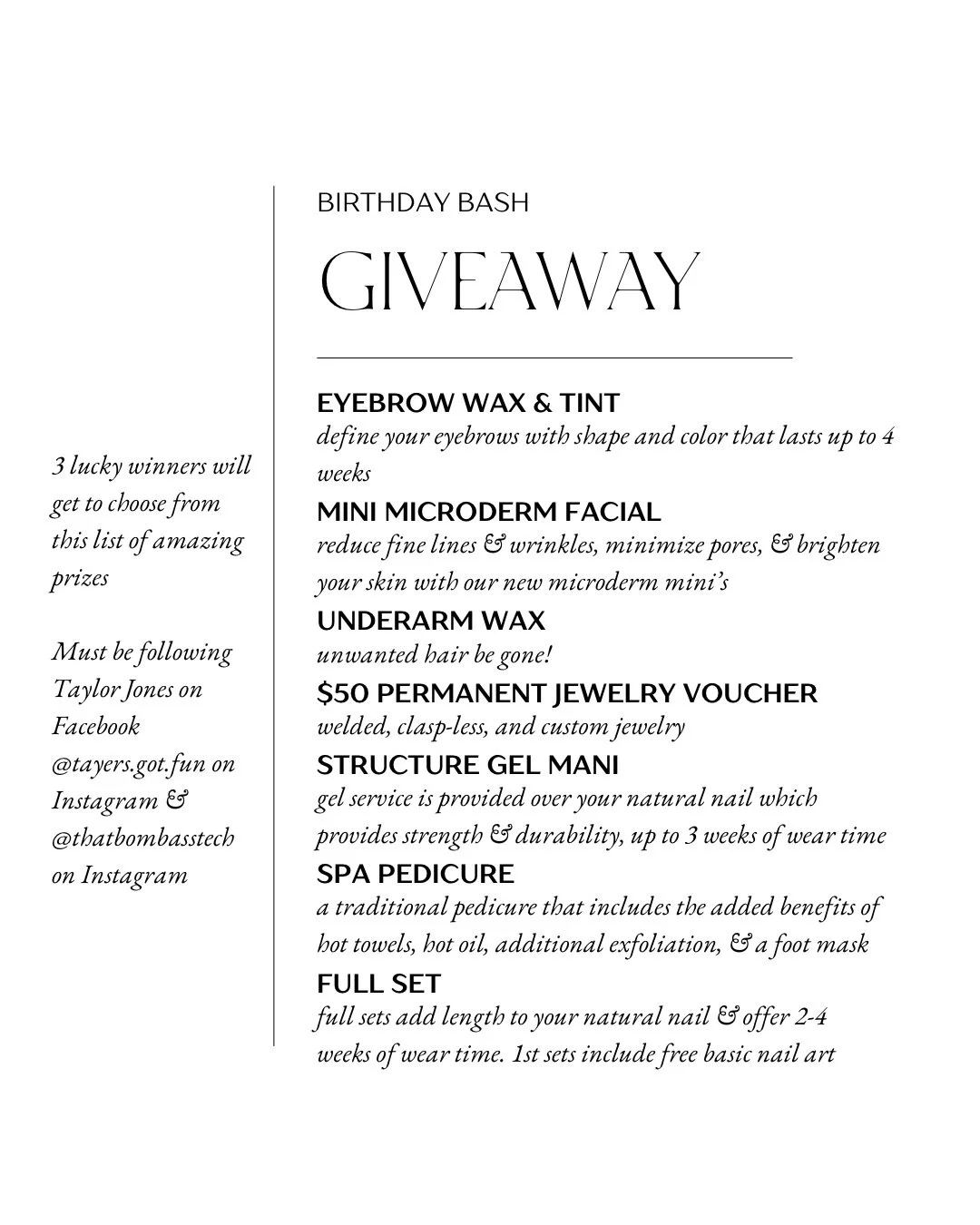 It&rsquo;s my birrrrrthday month so that means&hellip; ✨ GIVEAWAYYY ✨ 

3 lucky winners will get to pick from the approved list of services so make sure you do the following!!
1. FOLLOW @thatbombasstech 
2. FOLLOW @tayers.got.fun 
3. FRIEND ME ON FAC