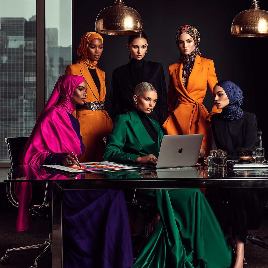 Six women in colorful professional attire, some wearing headscarves, gathered around a conference table with a laptop and documents inside a modern office with city skyline view.