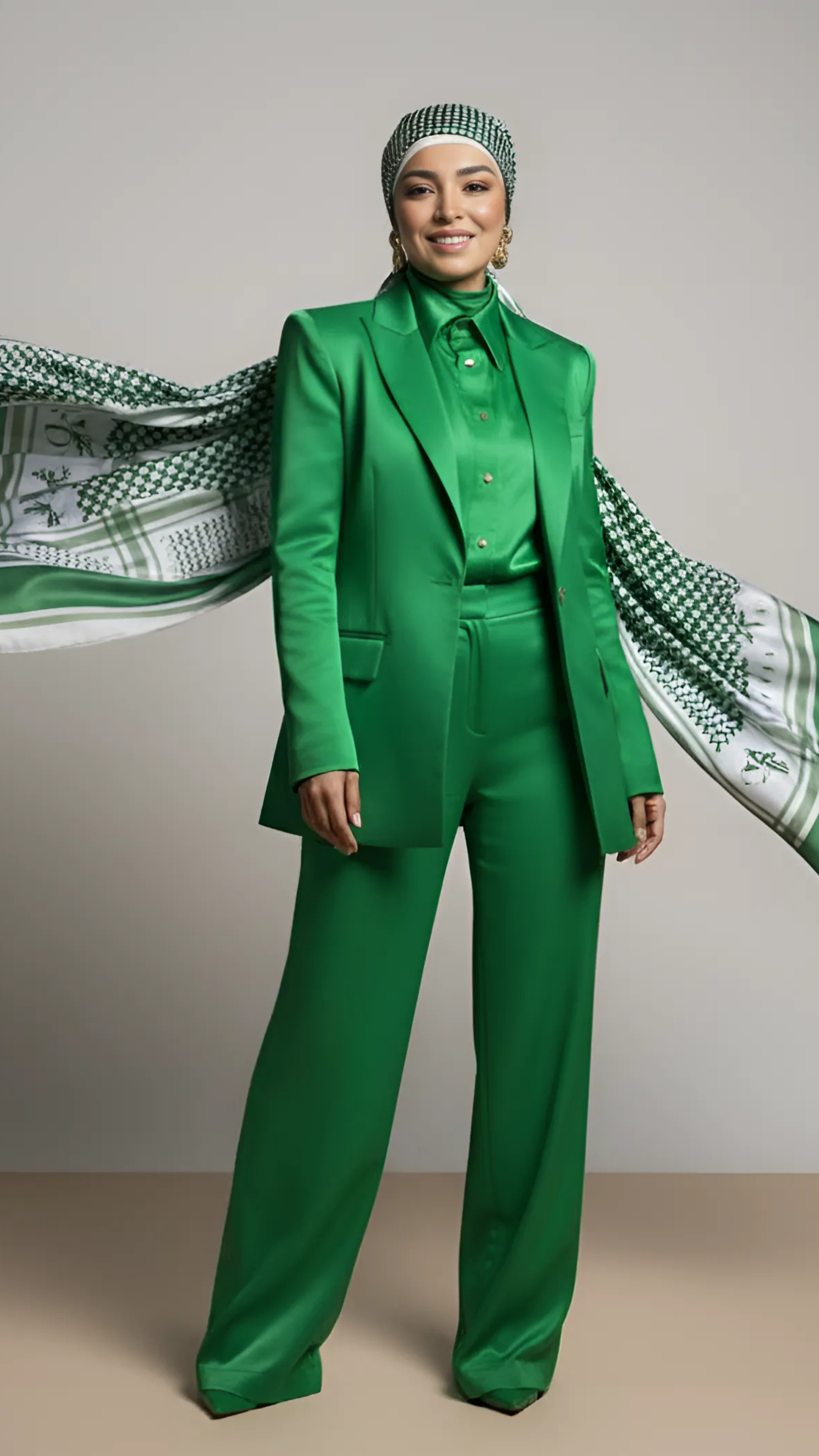 Woman dressed in a bright green suit with a matching headscarf, standing against a neutral background, smiling at the camera.