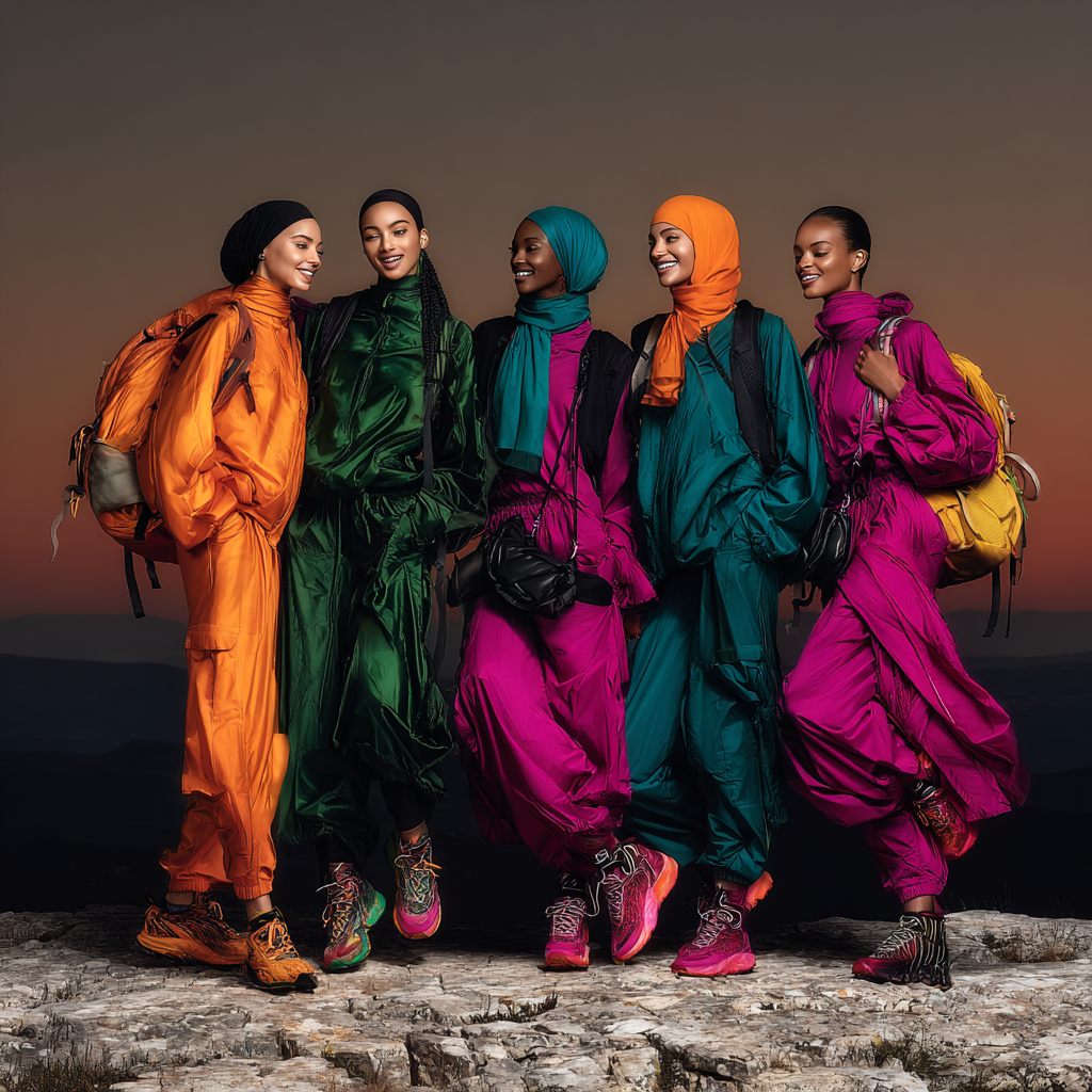Five women dressed in colorful outdoor gear with backpacks standing on rocks at dusk or dawn.