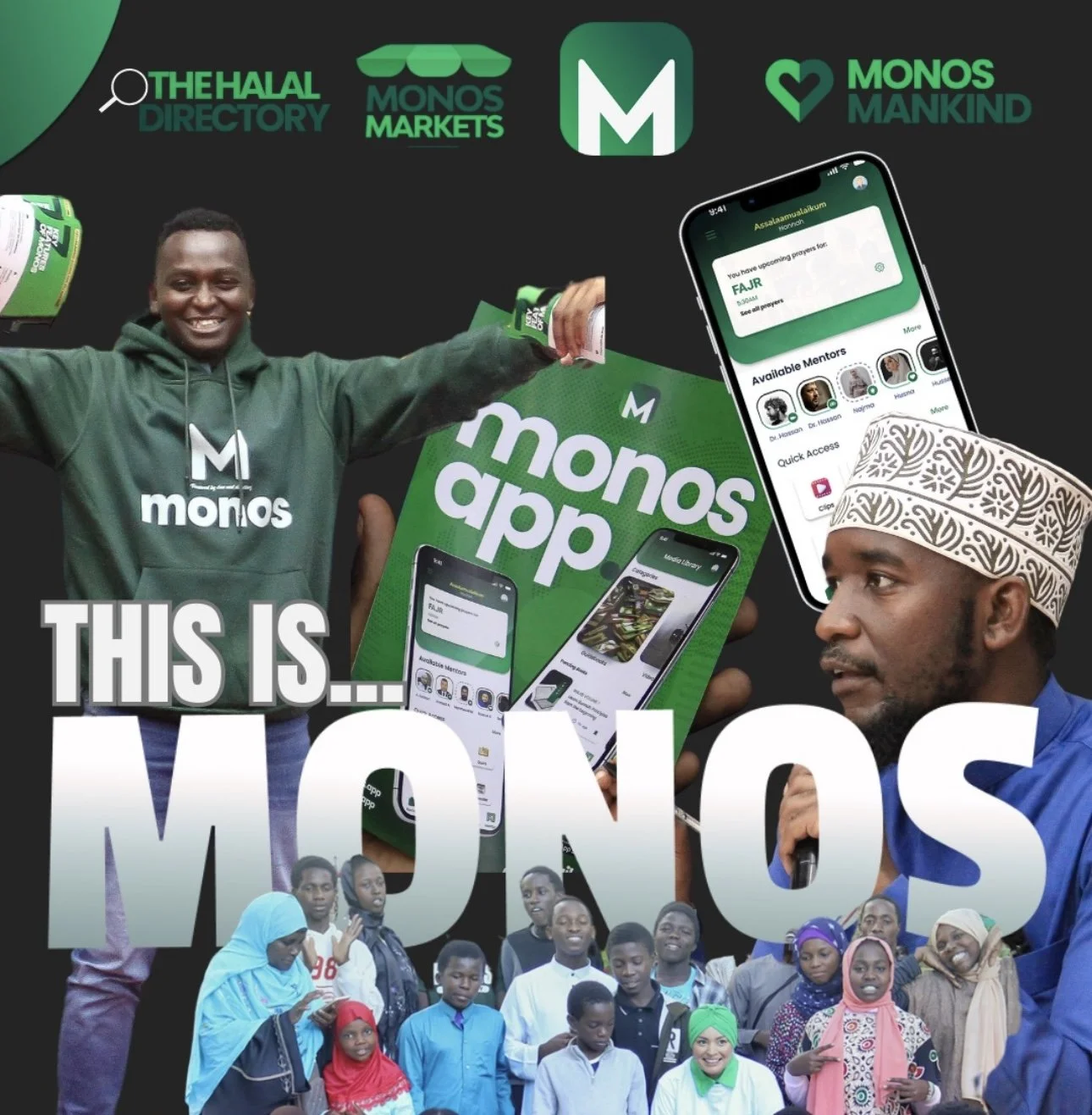 A promotional image for Monos app showing happy people, including a man holding a phone and smiling, a large Monos app package, and several individuals of diverse backgrounds, with text indicating the app's features and community involvement.