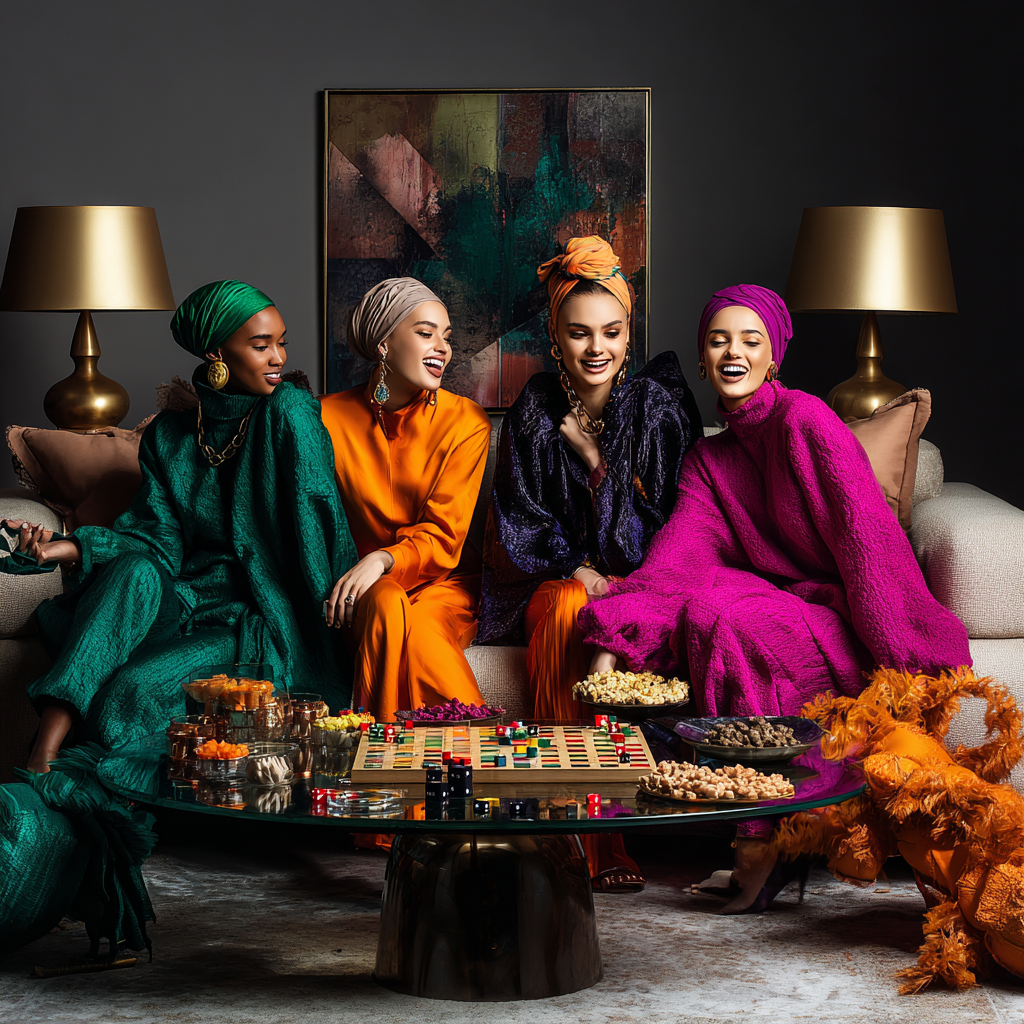 Four women dressed in colorful traditional African attire sit on a sofa laughing together during a gathering. There are snacks and drinks on a glass coffee table in front of them, and two lamps and abstract artwork on the dark wall behind.