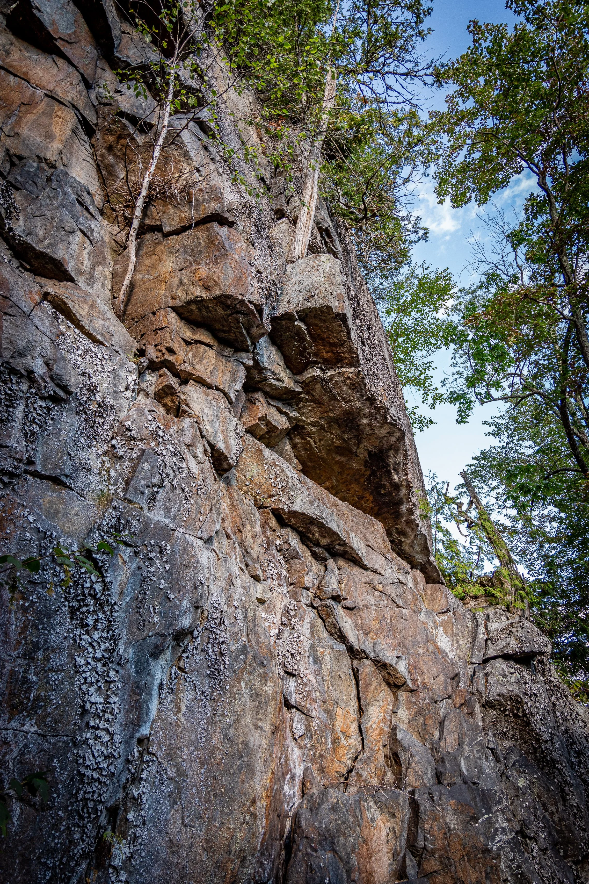 A rocky cliff face with trees and blue sky above.