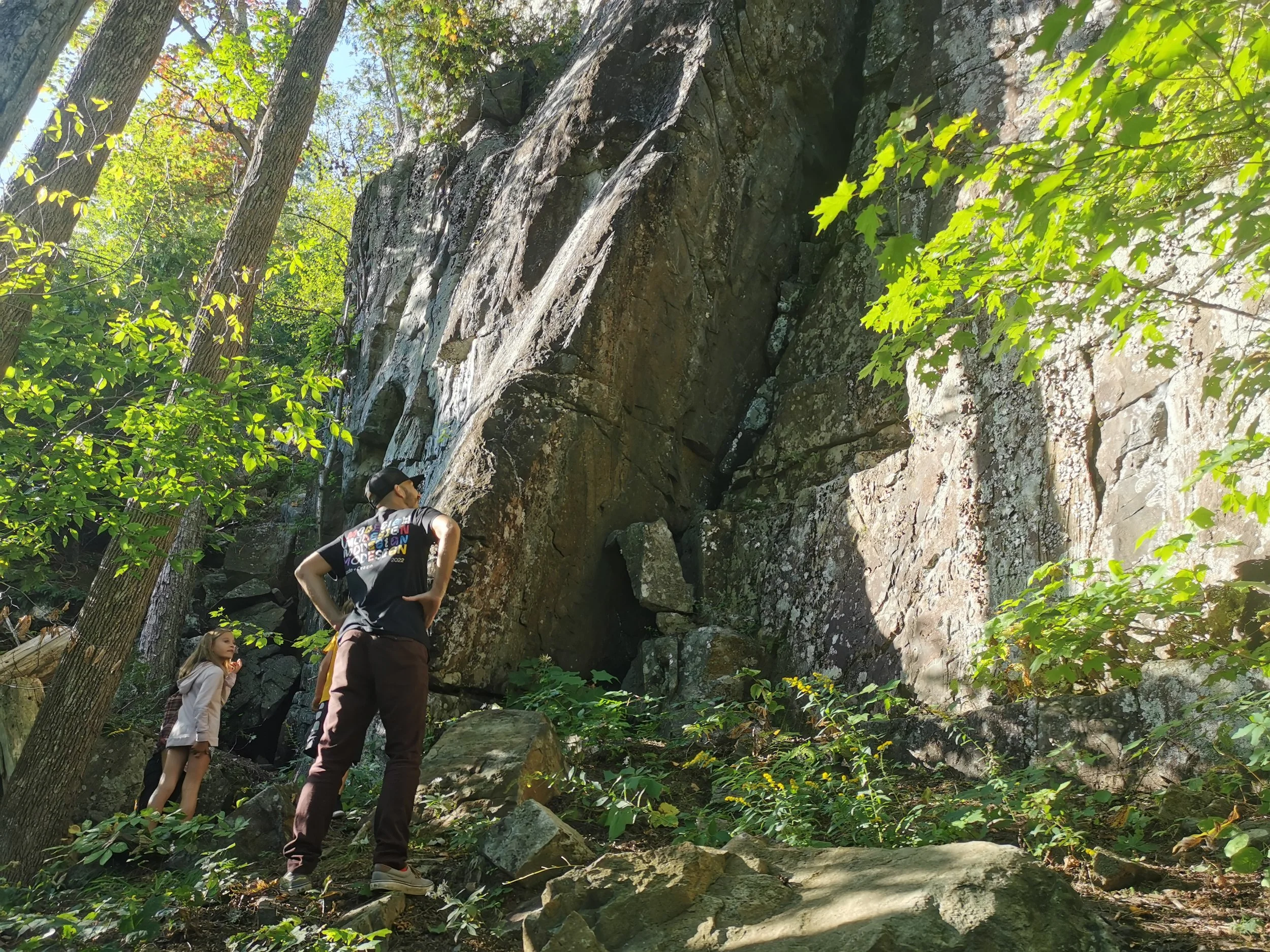 A man and a young girl standing in a forested area looking up at a large rock formation. The man has hands on his hips, and the girl is wearing a beige jacket. Tall trees and green foliage surround them, and sunlight filters through the leaves.