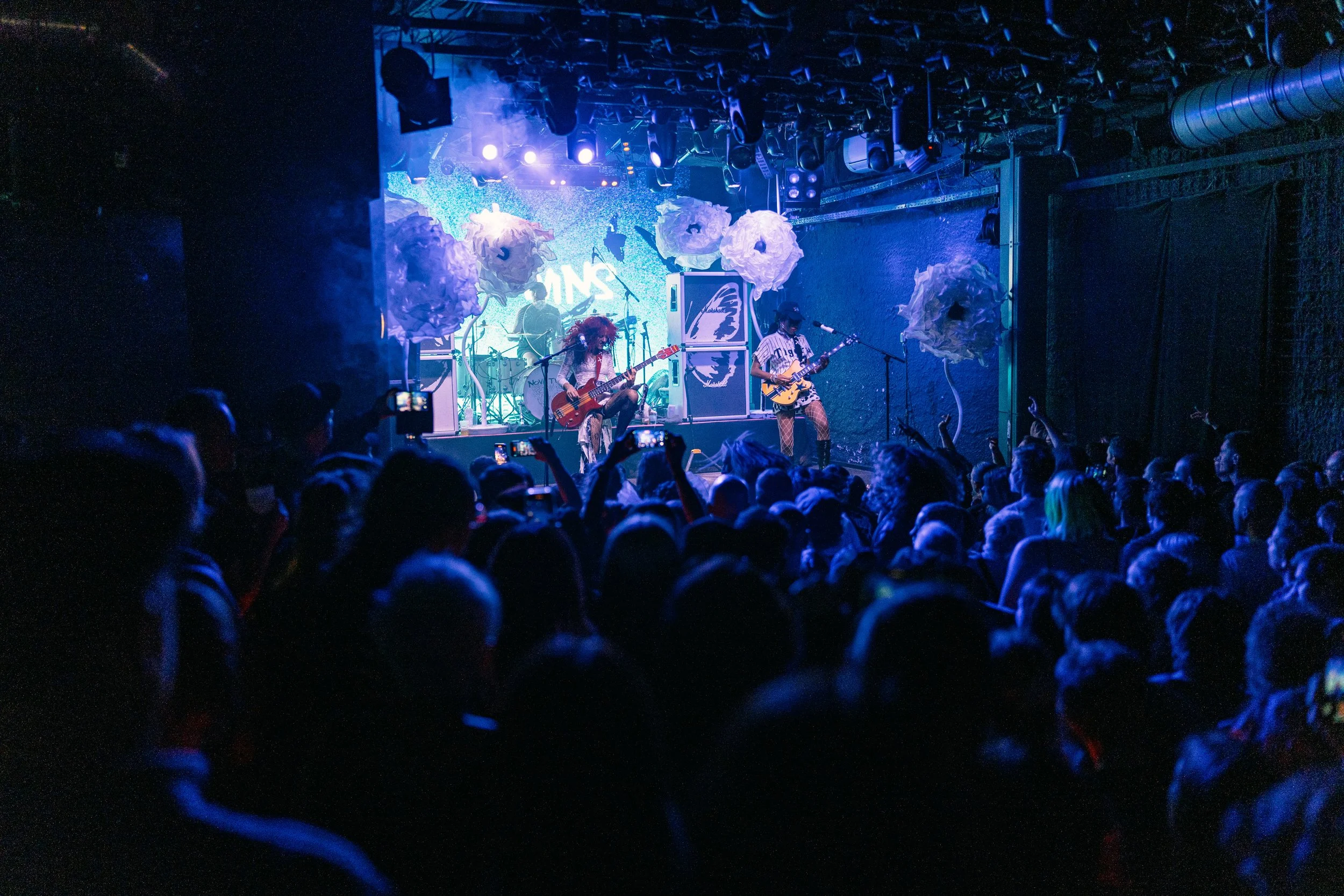 Live concert scene with a band playing on stage, decorated with large paper flowers, in front of a crowd in a dark venue with blue lighting.