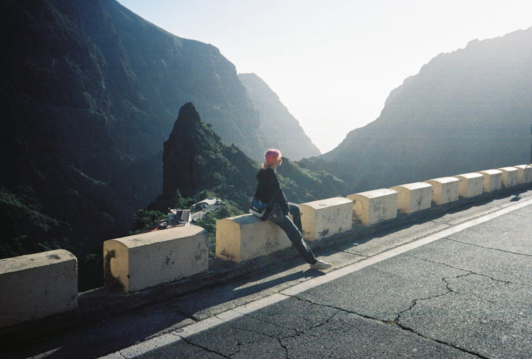 A person with pink hair sitting on a concrete barrier by a mountain road, overlooking a deep valley with steep cliffs and greenery, during daylight.