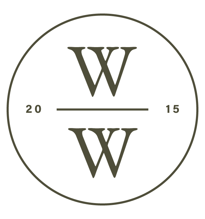 A circular logo with a thin outline, featuring the initials 'WW' at the top and bottom, a horizontal line in the middle with '20' on the left and '15' on the right, all in dark gray or black on a transparent or dark background.