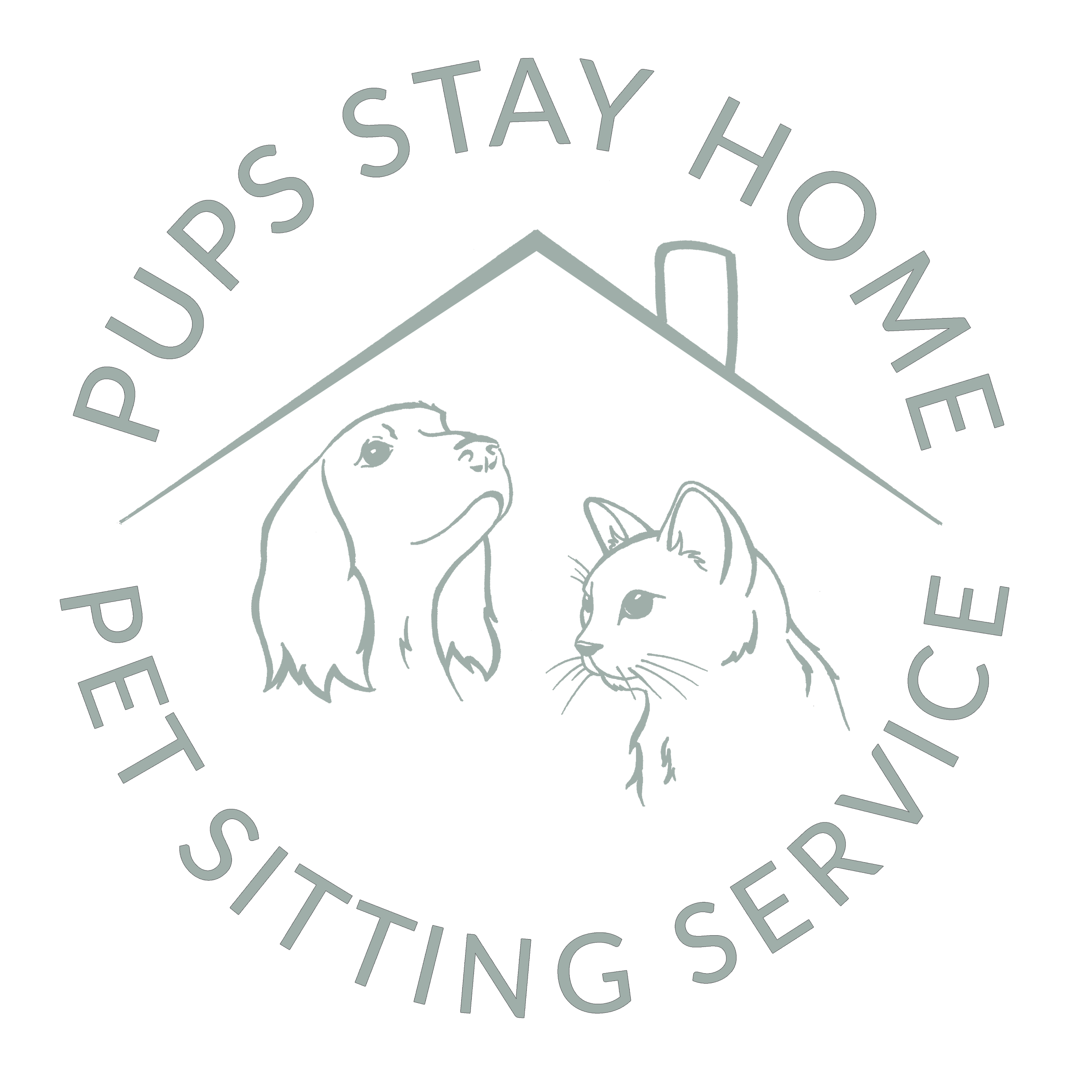 Logo for Pet Sitting Service with a dog's face and a cat's face under a roof outline and the text 'Pups Stay Home' and 'Pet Sitting Service'