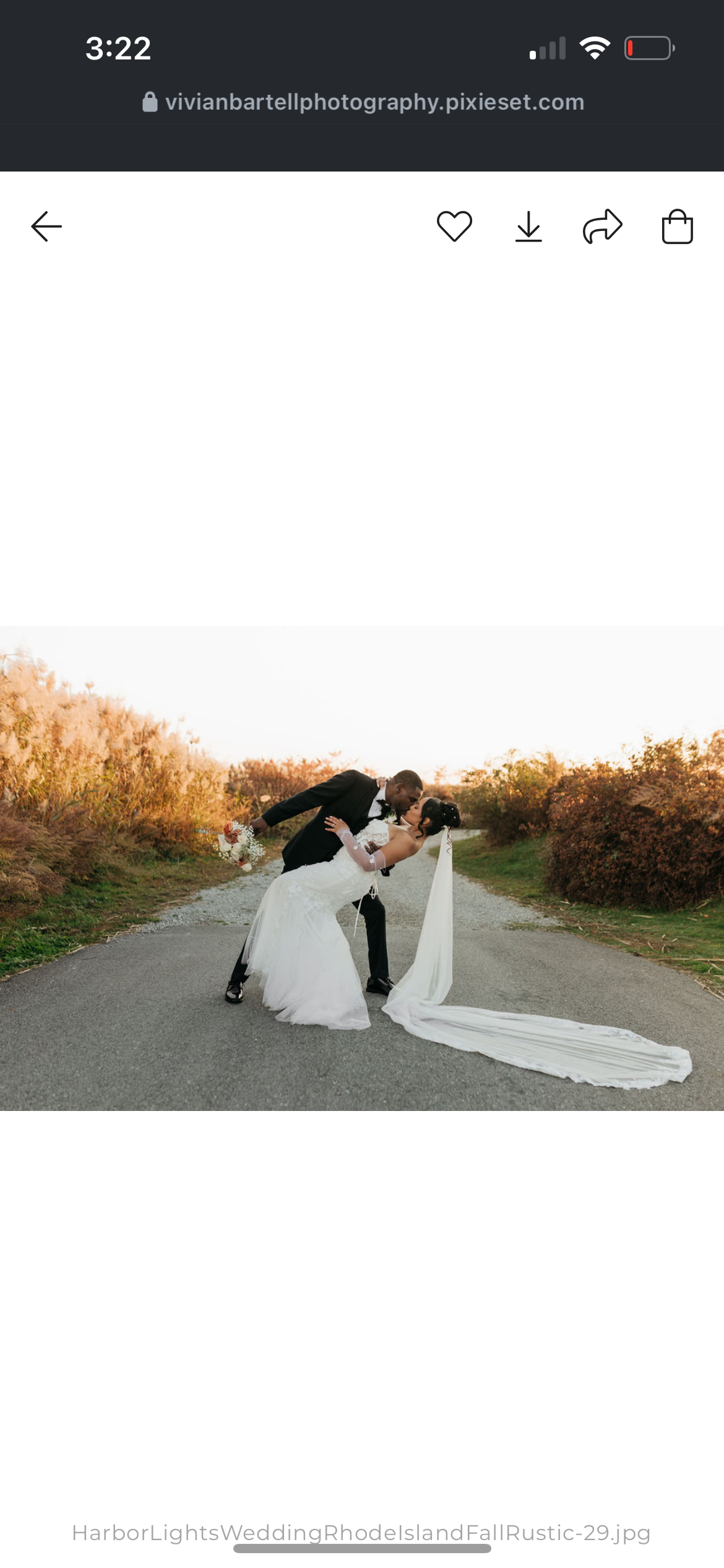 A bride and groom share a kiss on a road with autumn foliage, the groom dips the bride while holding a bouquet.